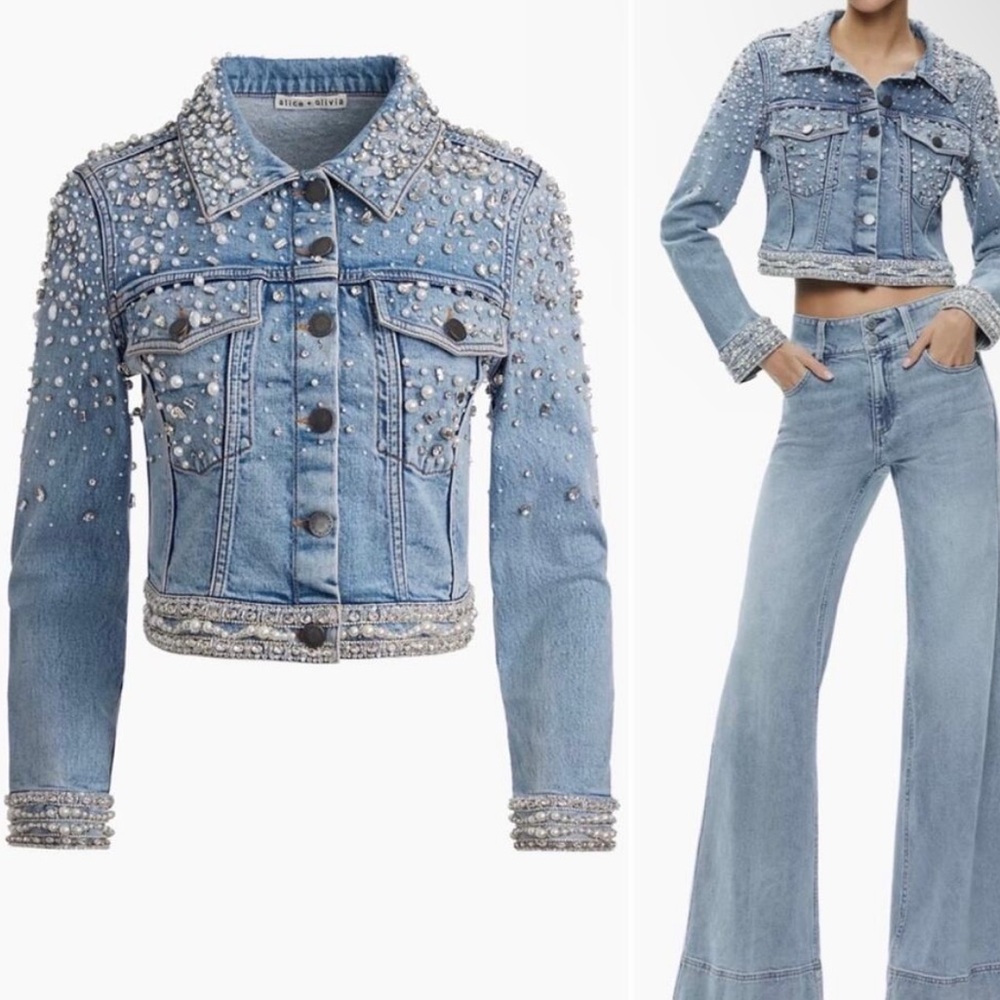 Alice + Olivia Embedded Fitted Cropped Denim Jacket